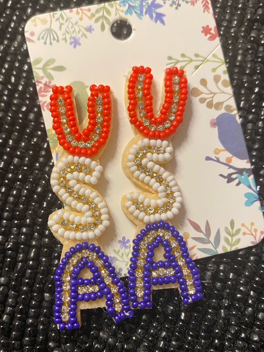 Beaded Statement USA Earrings in Red, White & Blue Felted Back Lightweight NEW